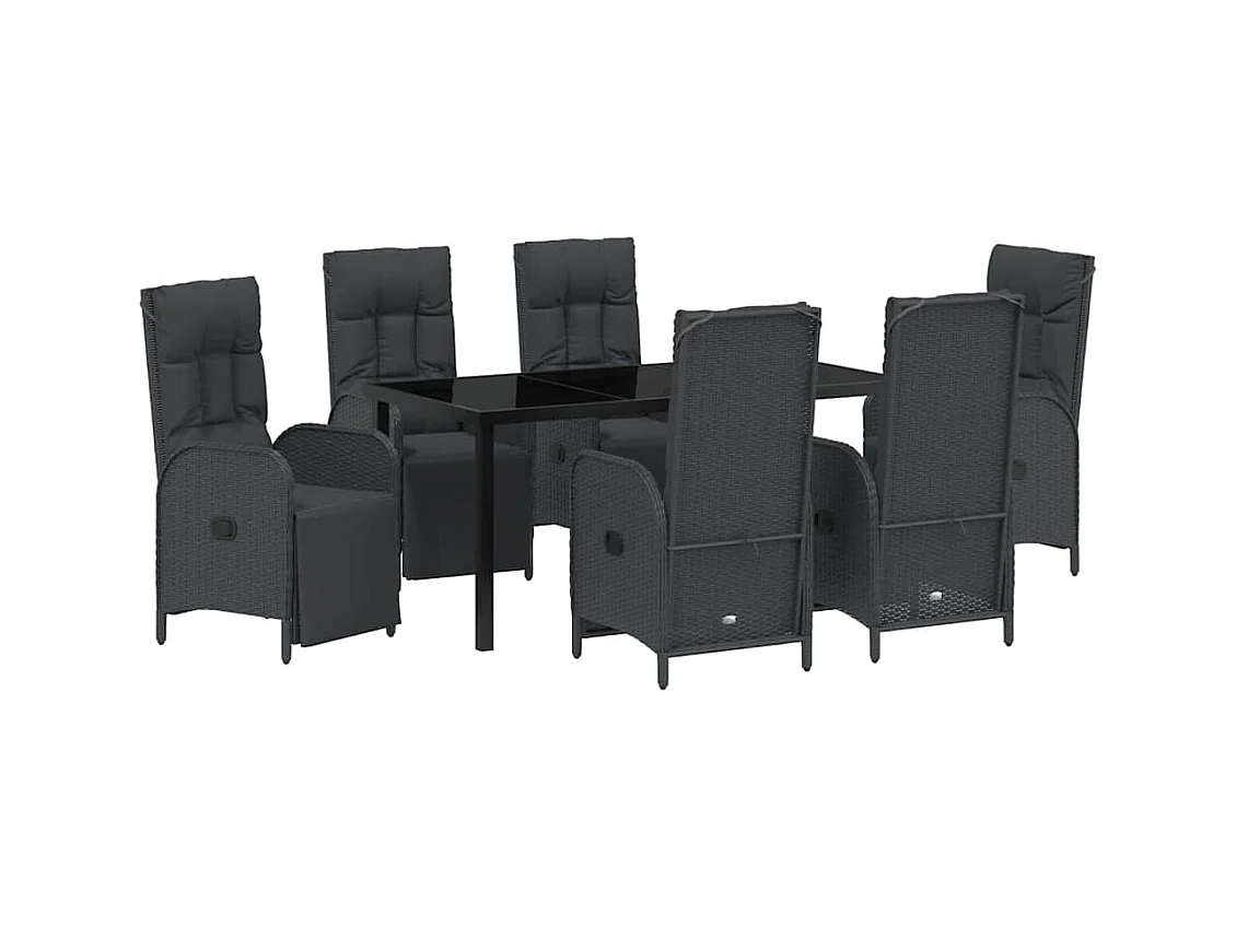 7-teiliges Garten-Essset mit schwarzen Polyrattan-Kissen