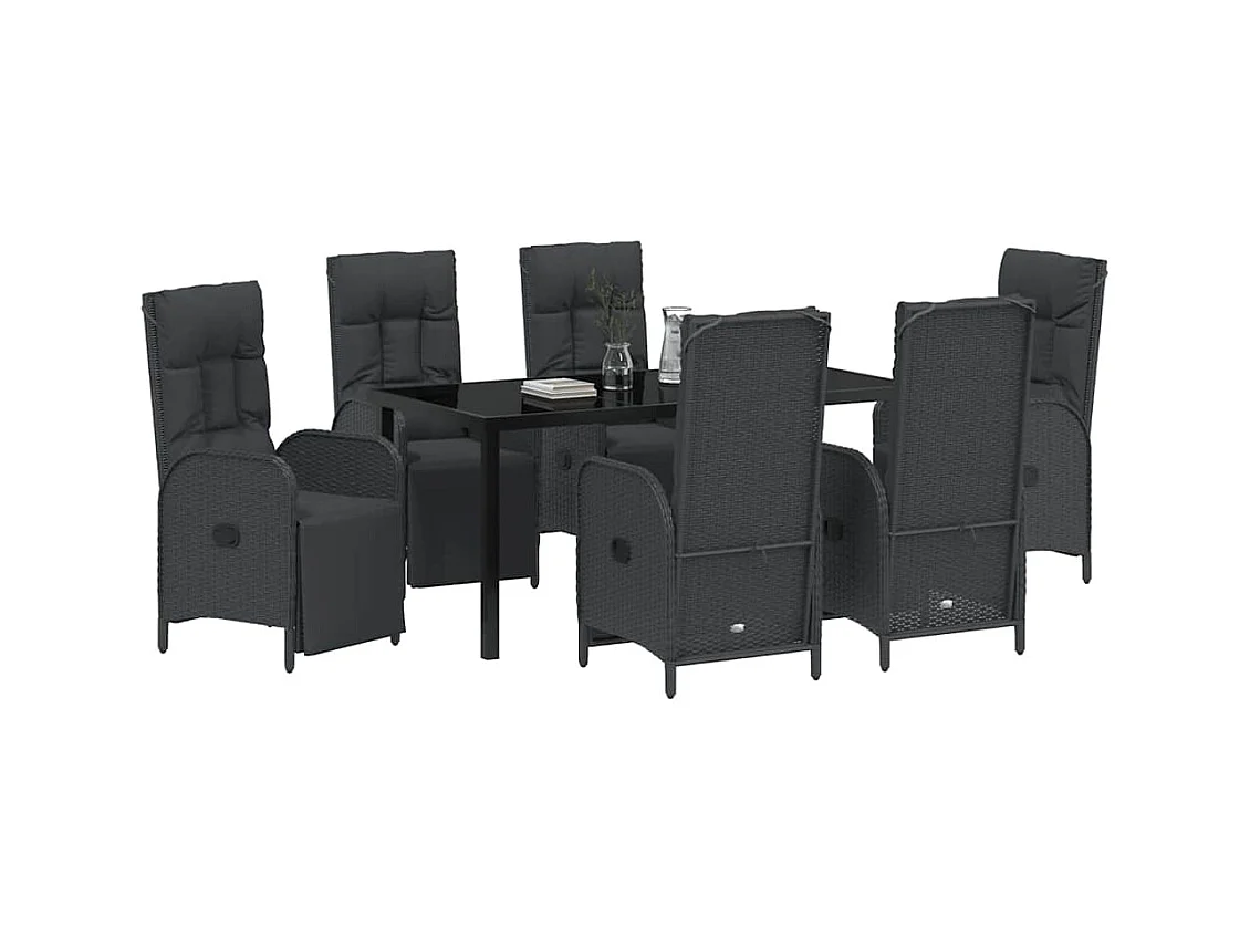 7-teiliges Garten-Essset mit schwarzen Polyrattan-Kissen