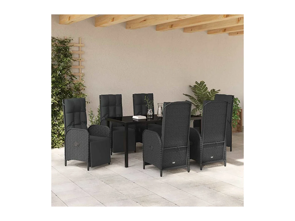 7-teiliges Garten-Essset mit schwarzen Polyrattan-Kissen