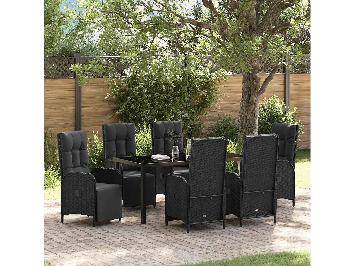 Ensemble de salle à manger de jardin 7 pièces avec coussins en poly rattan noir