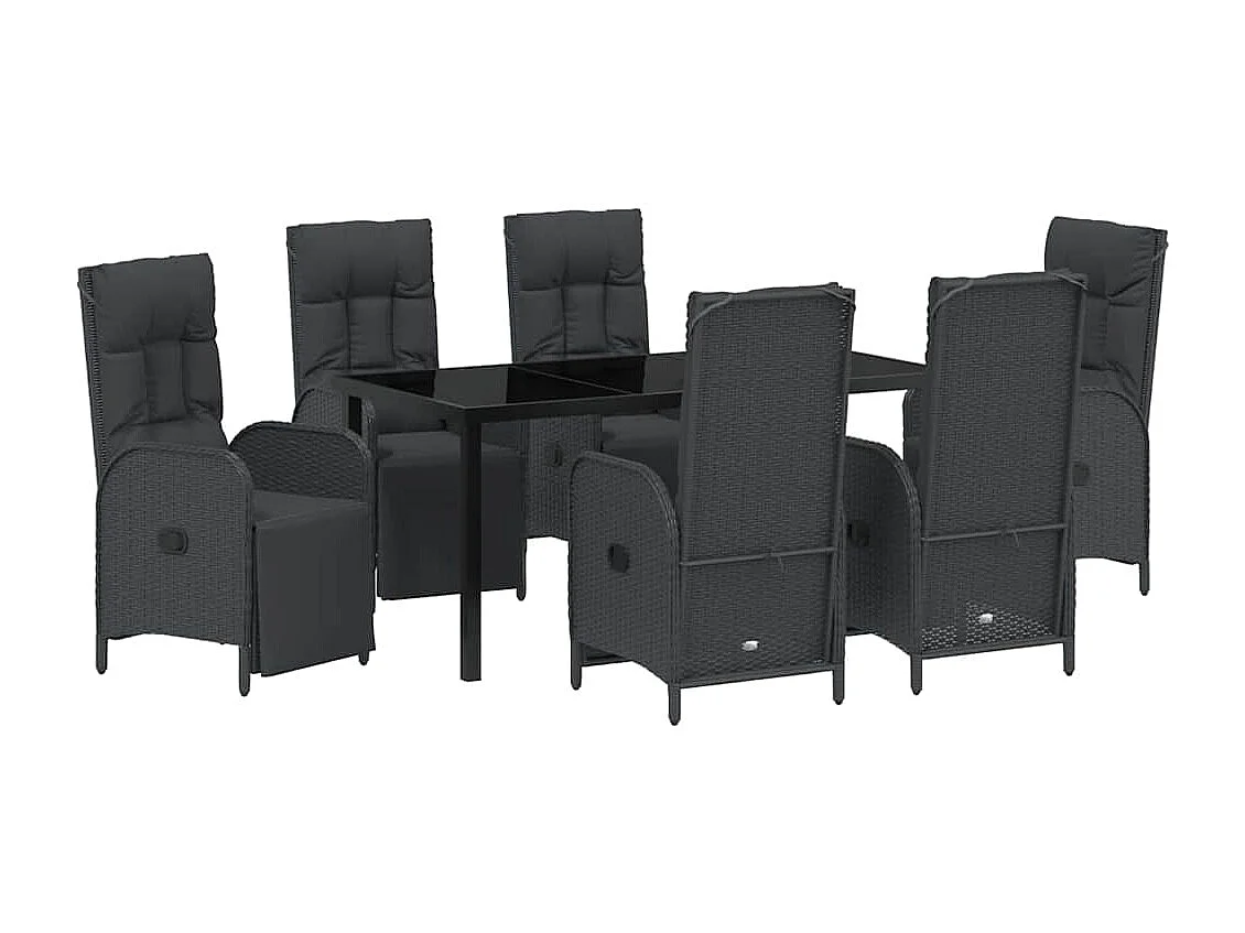 Ensemble de salle à manger de jardin 7 pièces avec coussins en poly rattan noir