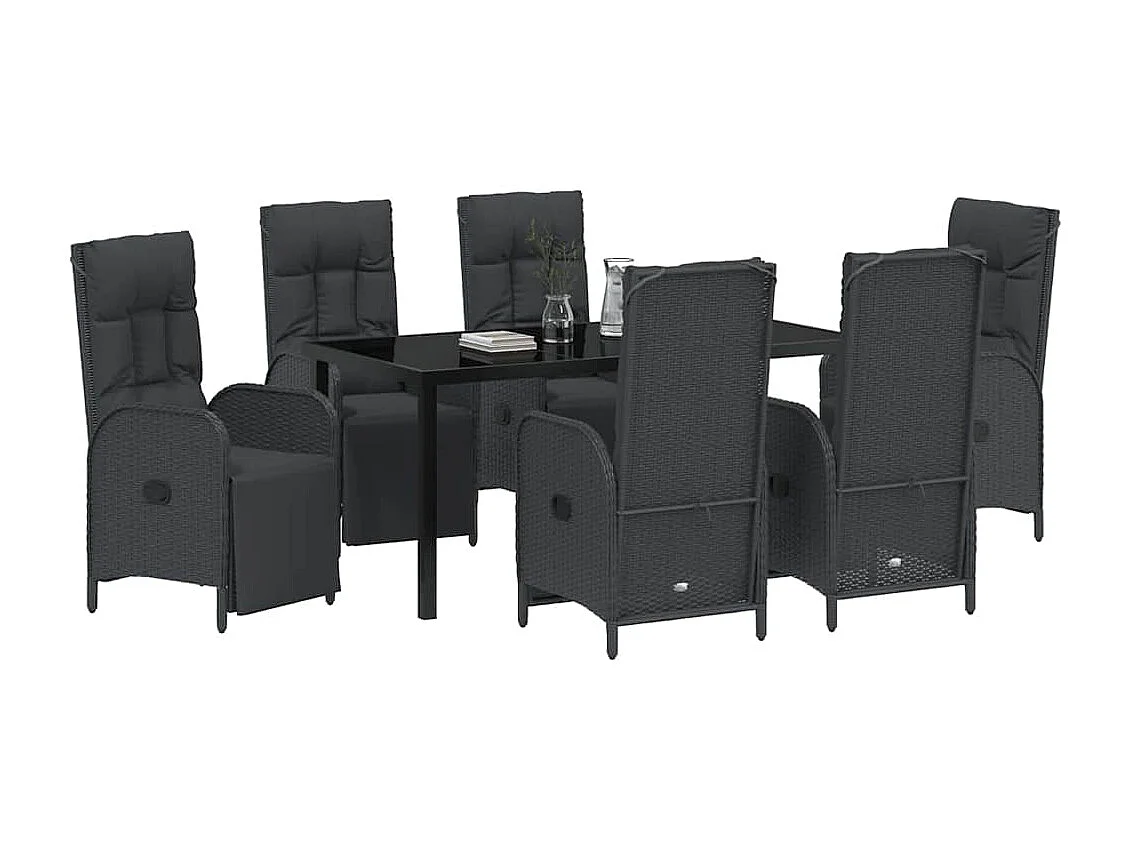 Ensemble de salle à manger de jardin 7 pièces avec coussins en poly rattan noir