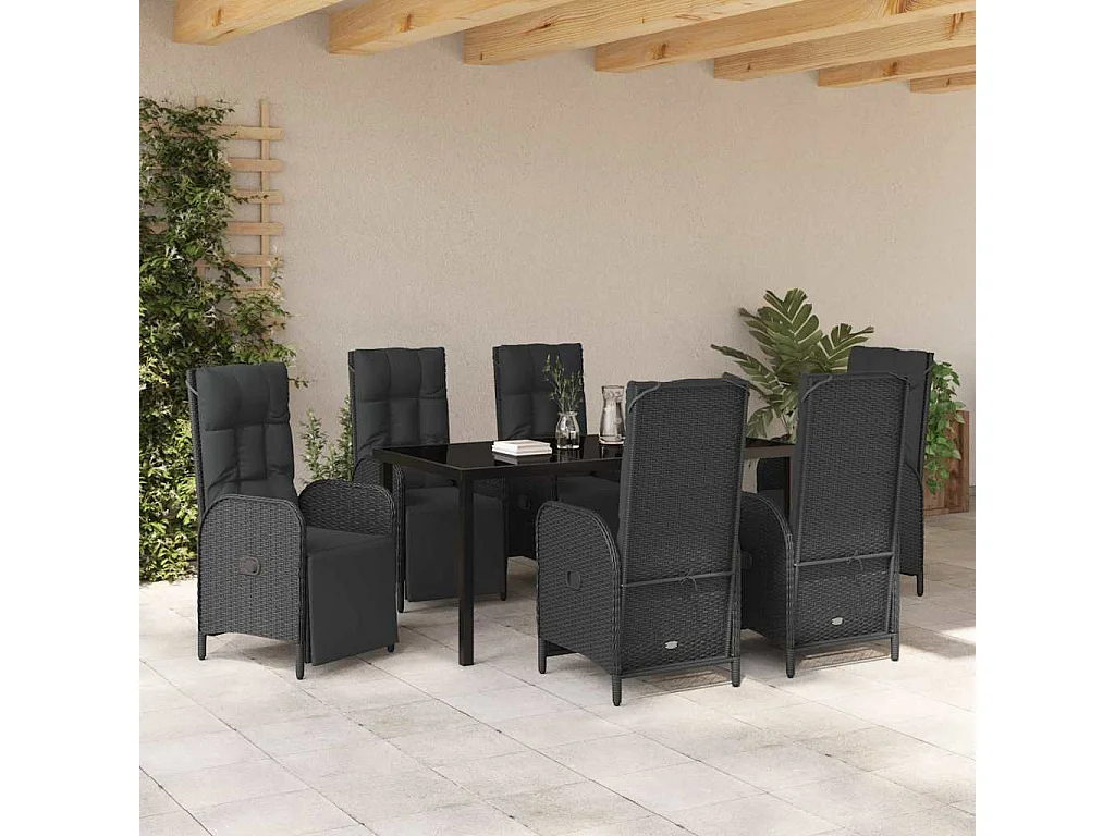 Ensemble de salle à manger de jardin 7 pièces avec coussins en poly rattan noir