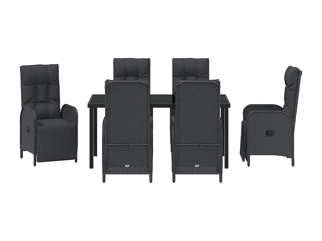 Ensemble de salle à manger de jardin 7 pièces avec coussins en poly rattan noir