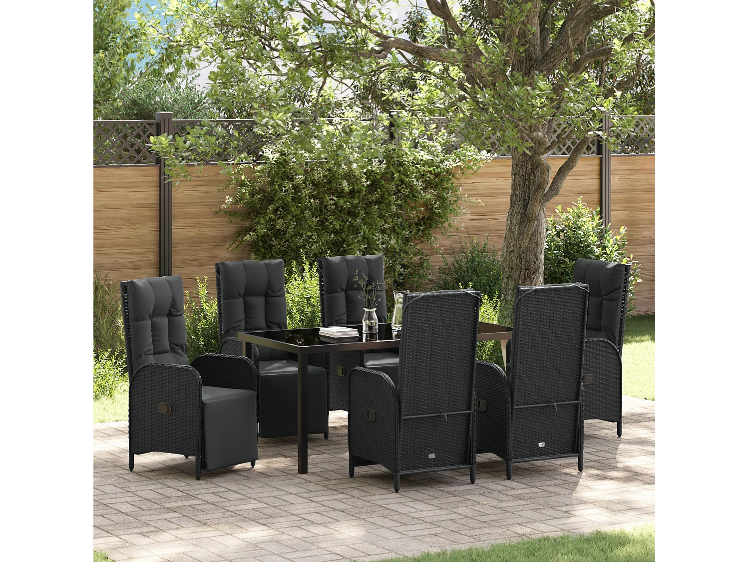 Ensemble de salle à manger de jardin 7 pièces avec coussins en poly rattan noir