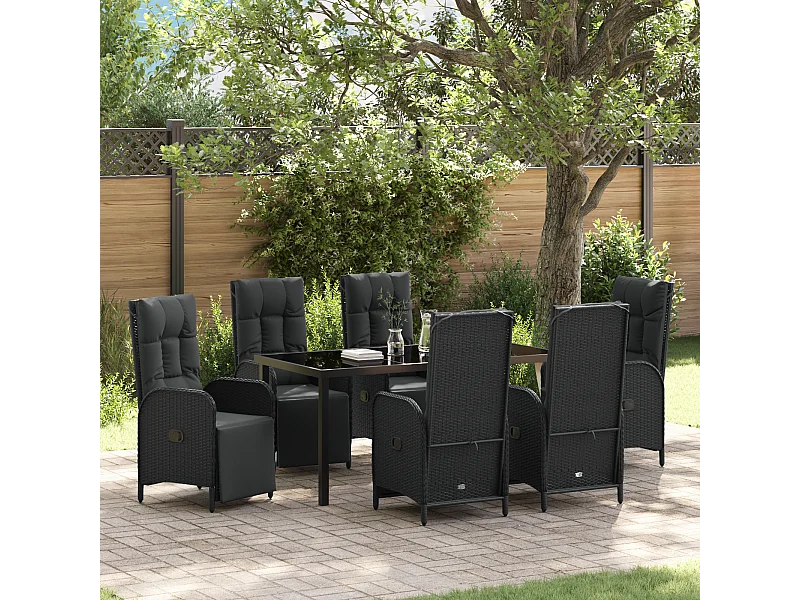 Ensemble de salle à manger de jardin 7 pièces avec coussins en poly rattan noir