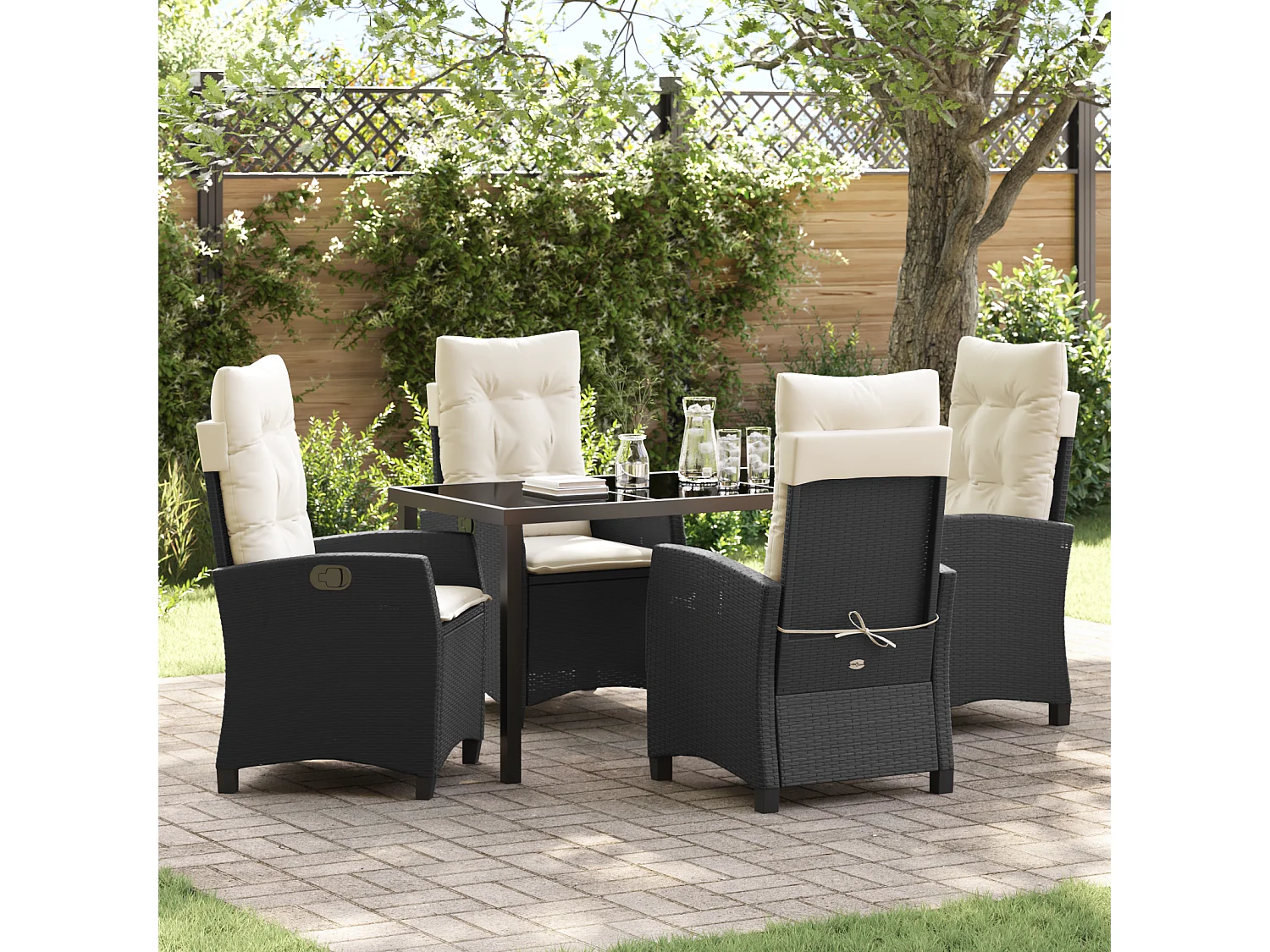 Ensemble de salle à manger de jardin 5 pièces avec coussins - Rattan synthétique noir