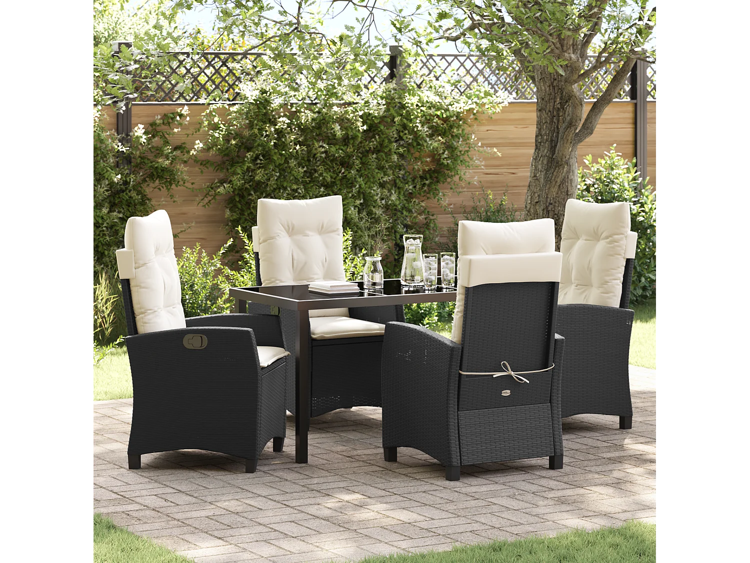 Ensemble de salle à manger de jardin 5 pièces avec coussins - Rattan synthétique noir