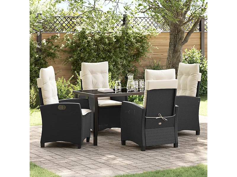 Ensemble de salle à manger de jardin 5 pièces avec coussins - Rattan synthétique noir