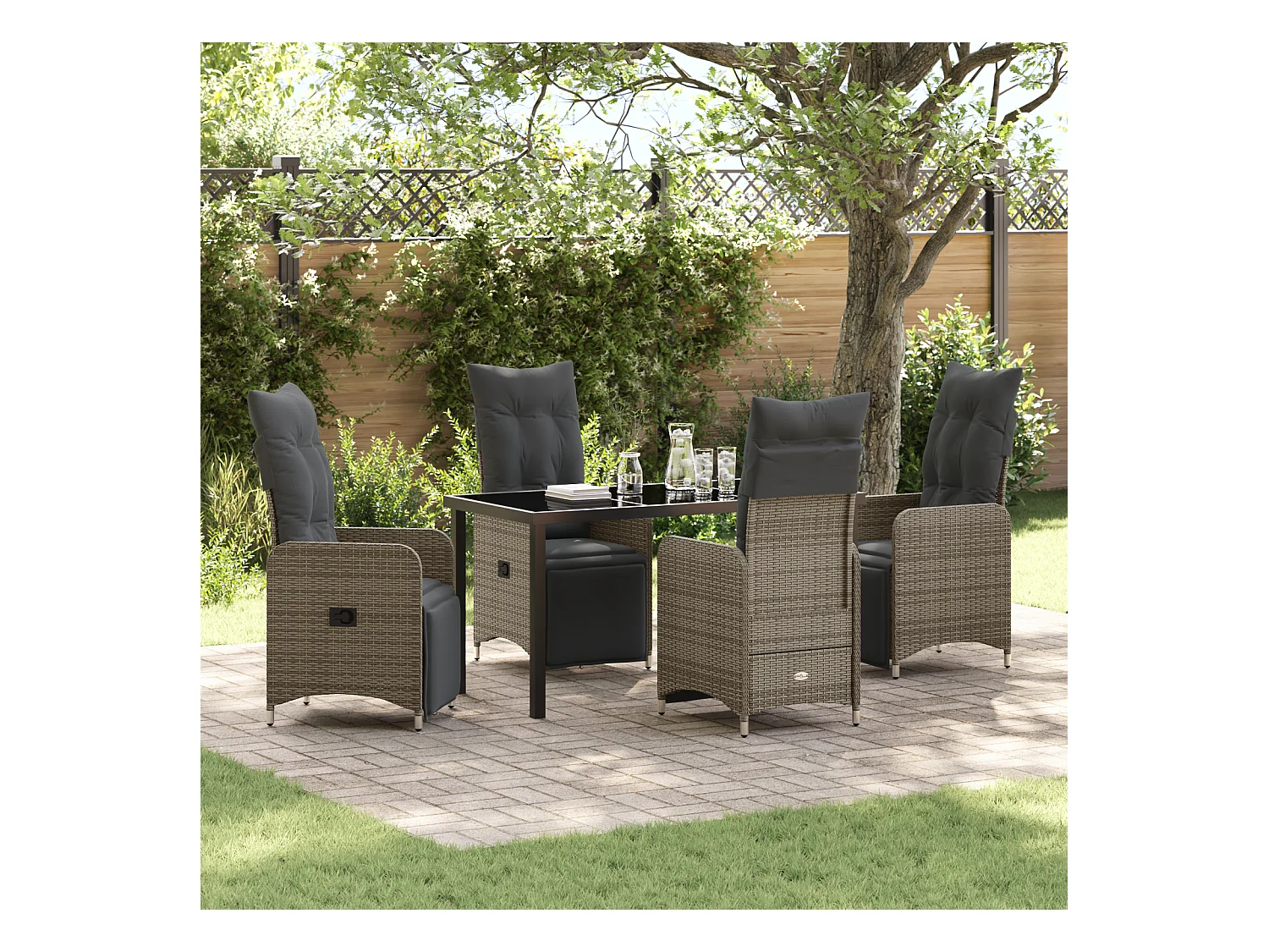 Set da pranzo da giardino da 5 pezzi con cuscini in polyrattan grigio