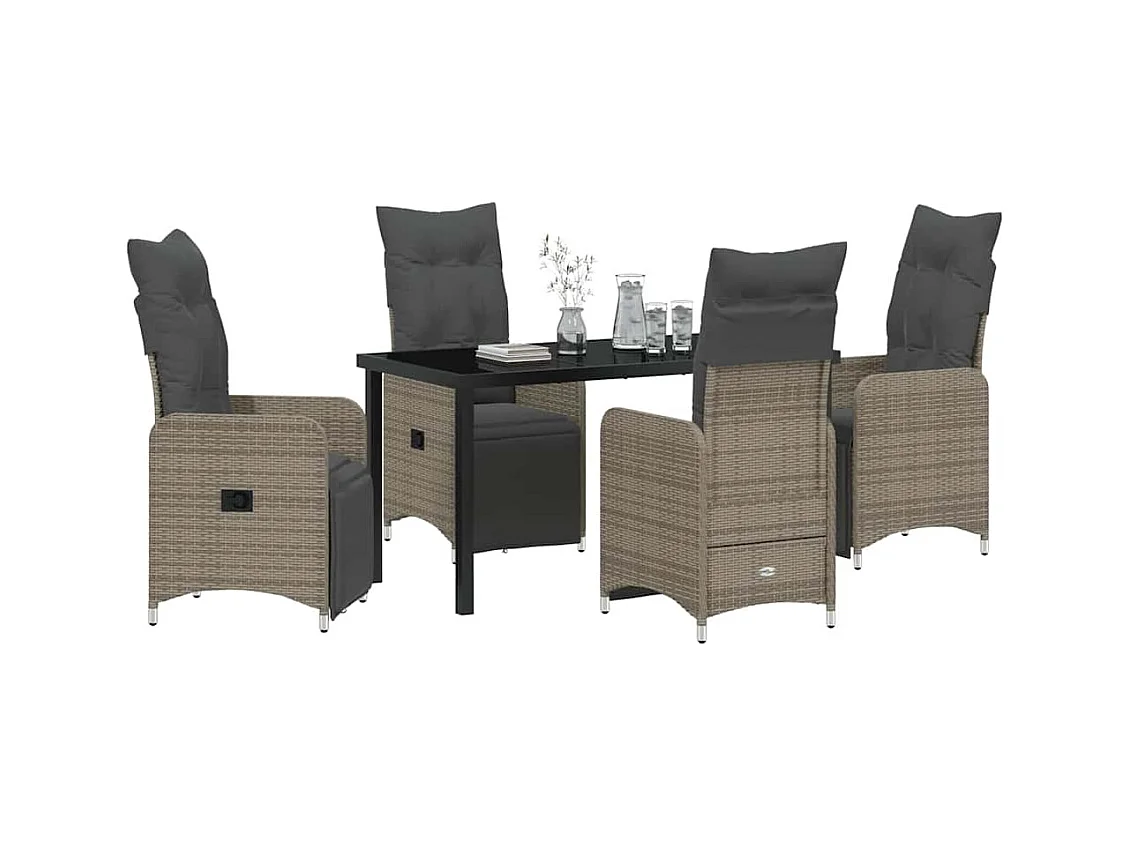 Set da pranzo da giardino da 5 pezzi con cuscini in polyrattan grigio