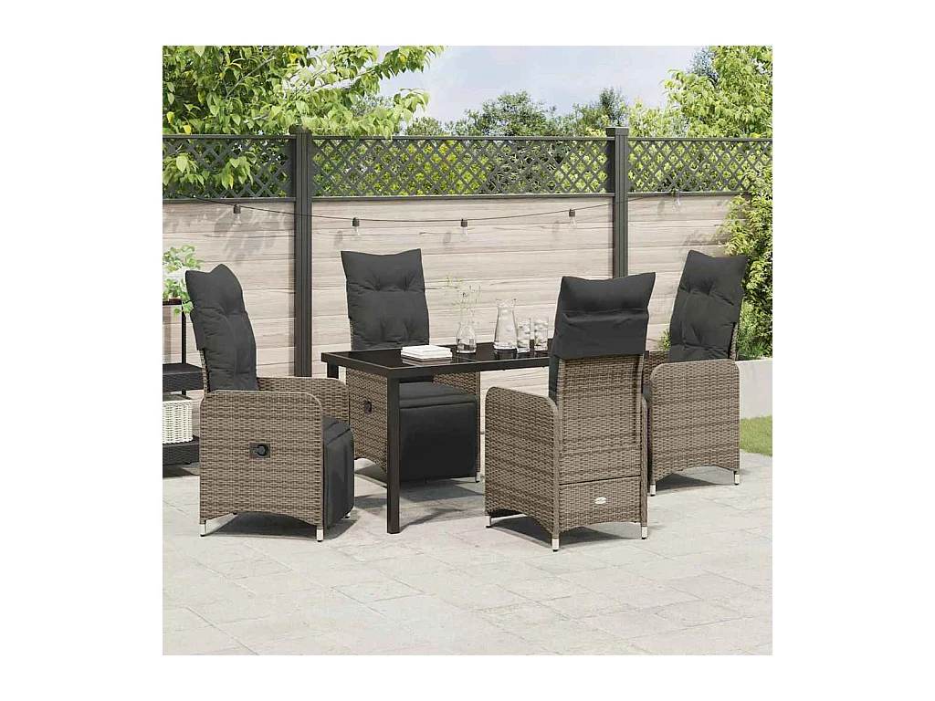 Set da pranzo da giardino da 5 pezzi con cuscini in polyrattan grigio