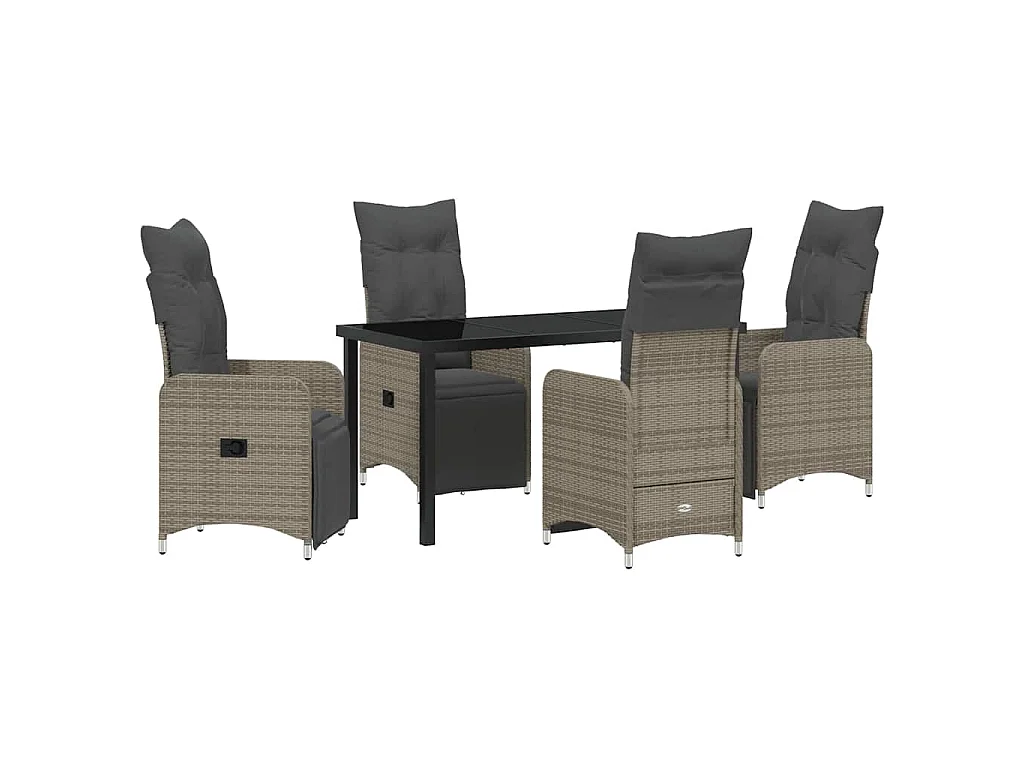 5-teiliges Garten-Essset mit grauen Polyrattan-Kissen