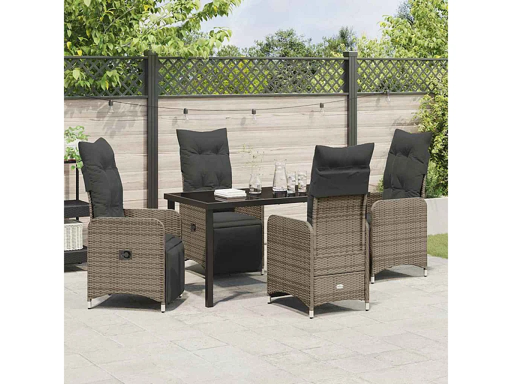 5-teiliges Garten-Essset mit grauen Polyrattan-Kissen