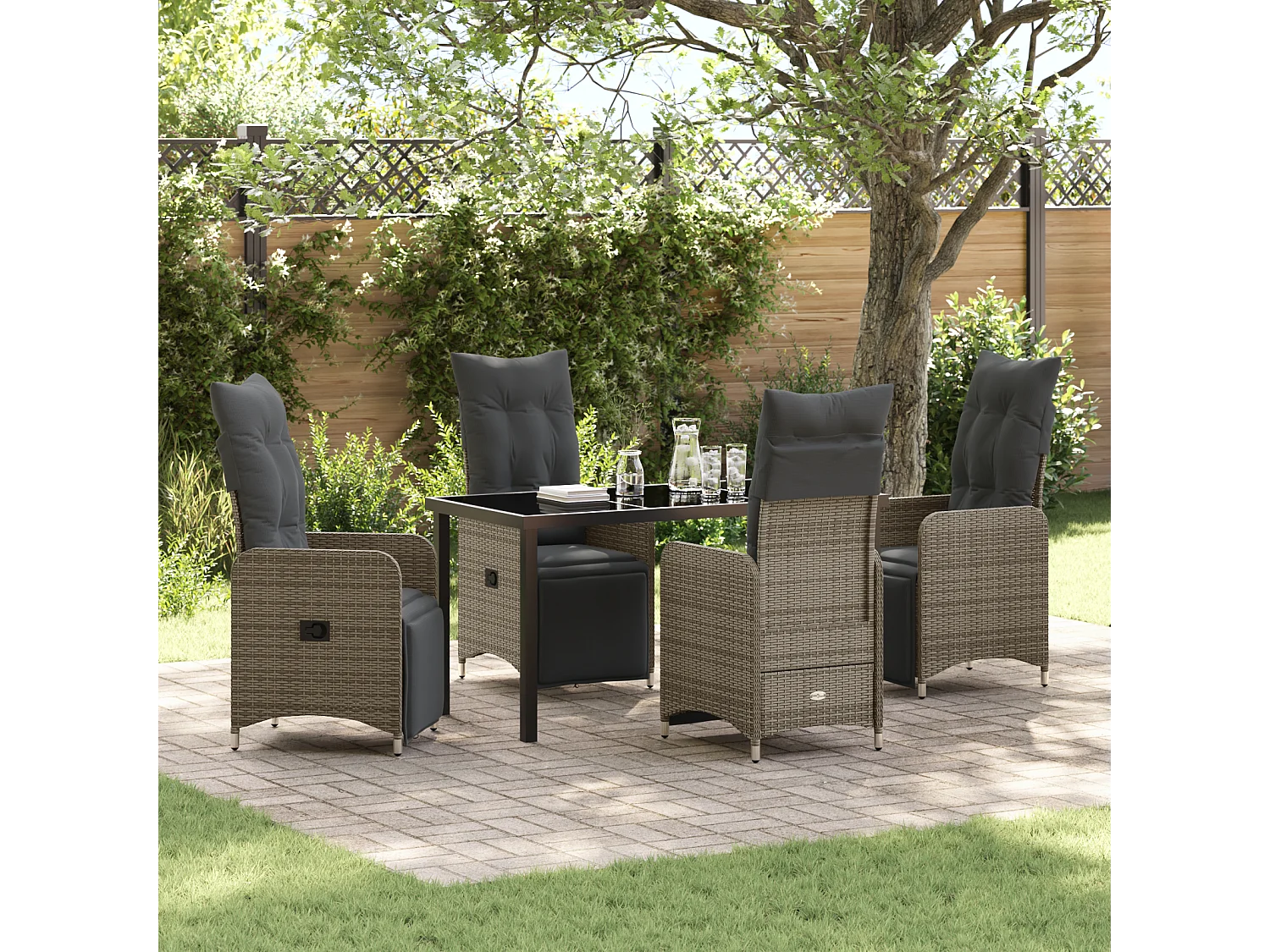 Set da pranzo da giardino da 5 pezzi con cuscini in polyrattan grigio