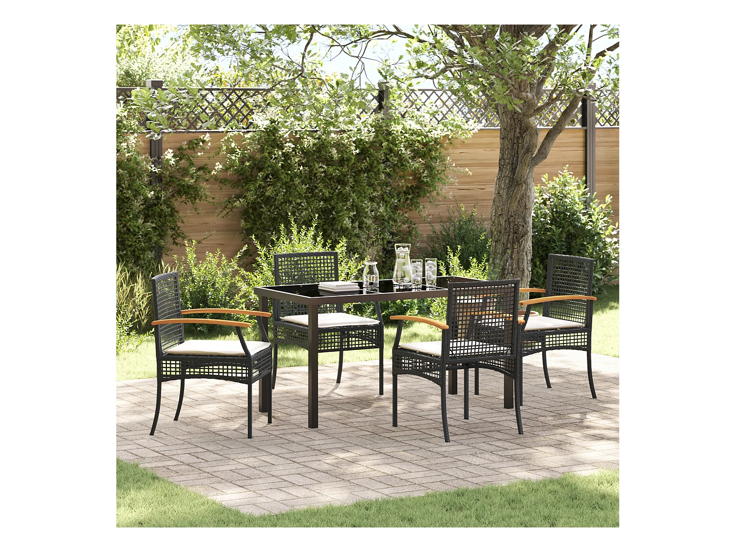 Set da pranzo da giardino 5 pezzi con cuscini in rattan nero