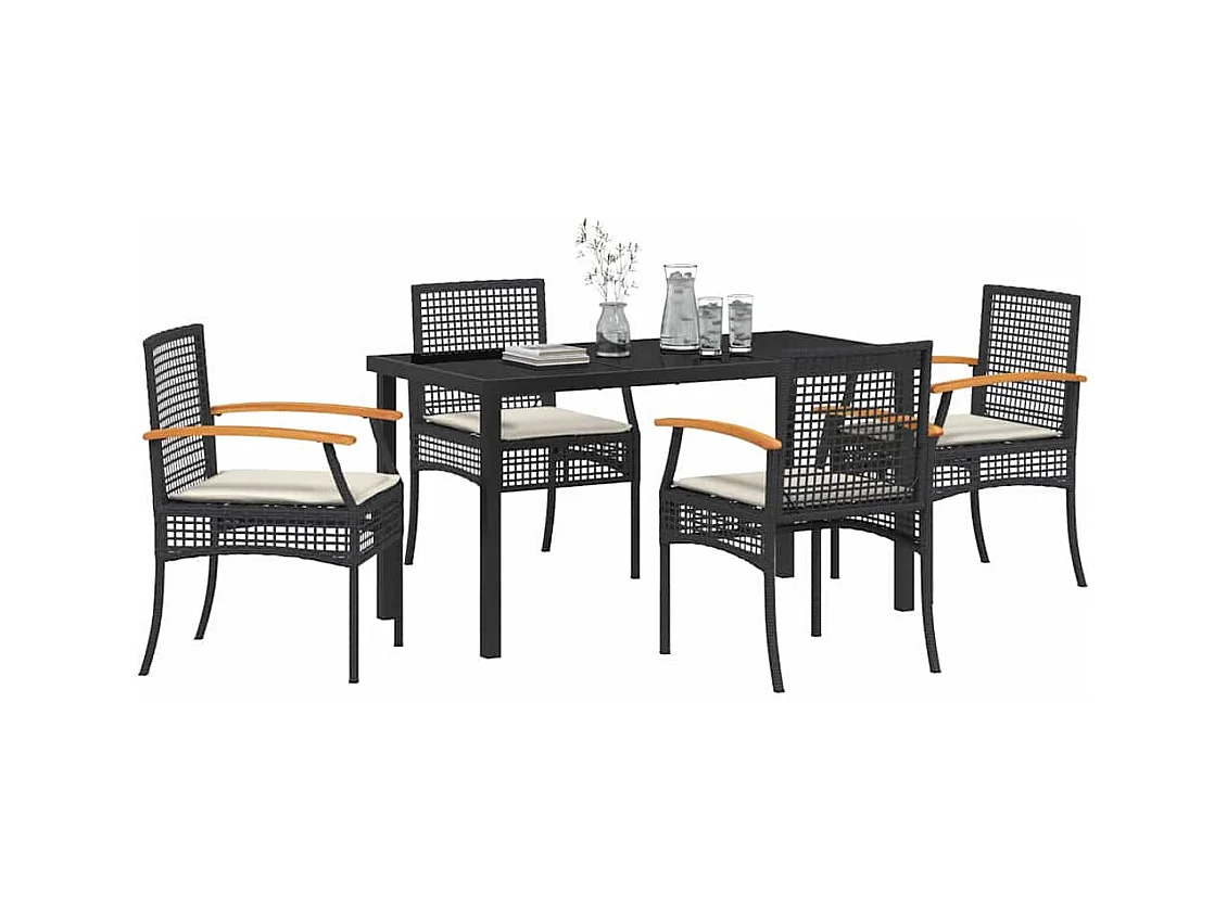 Set da pranzo da giardino 5 pezzi con cuscini in rattan nero