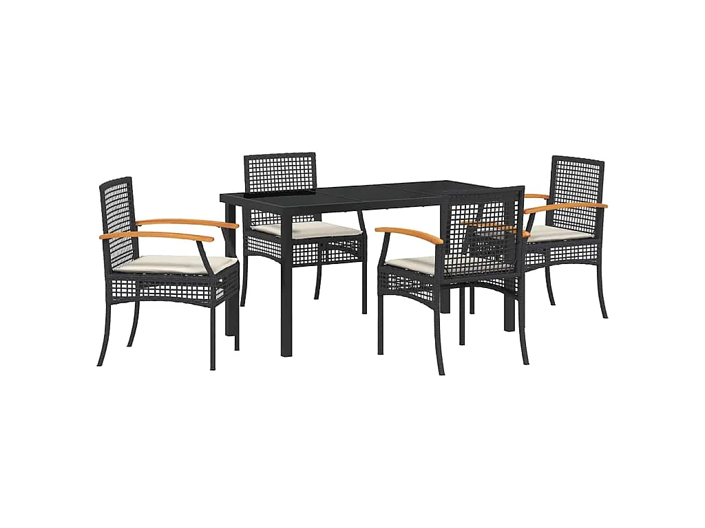 Juego de comedor de jardín de 5 piezas con cojines de ratán negro