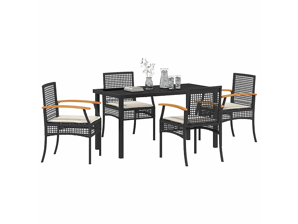 Juego de comedor de jardín de 5 piezas con cojines de ratán negro