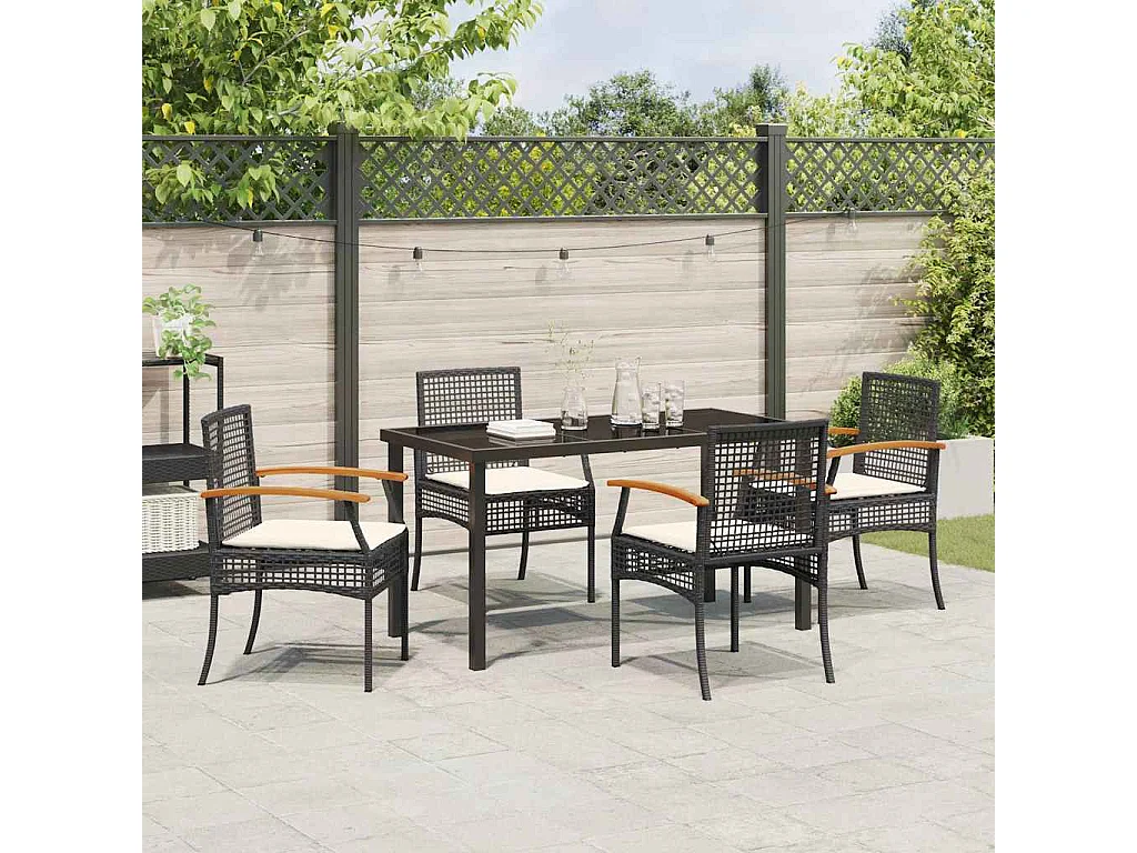 Juego de comedor de jardín de 5 piezas con cojines de ratán negro