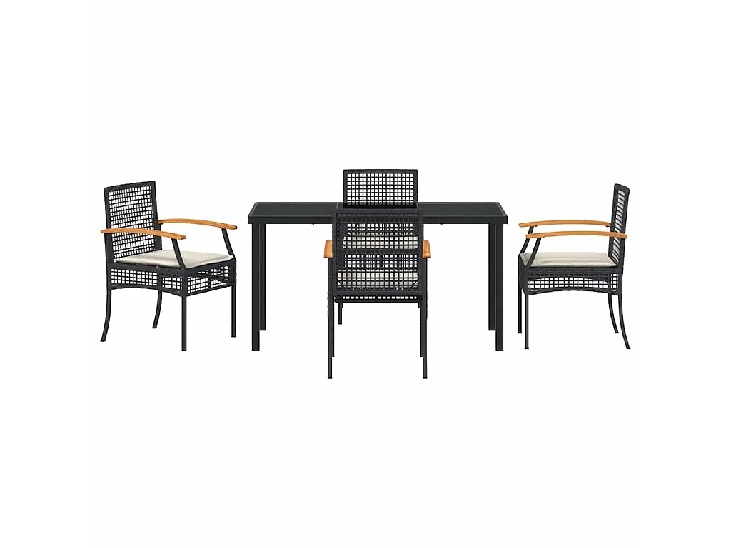 Juego de comedor de jardín de 5 piezas con cojines de ratán negro