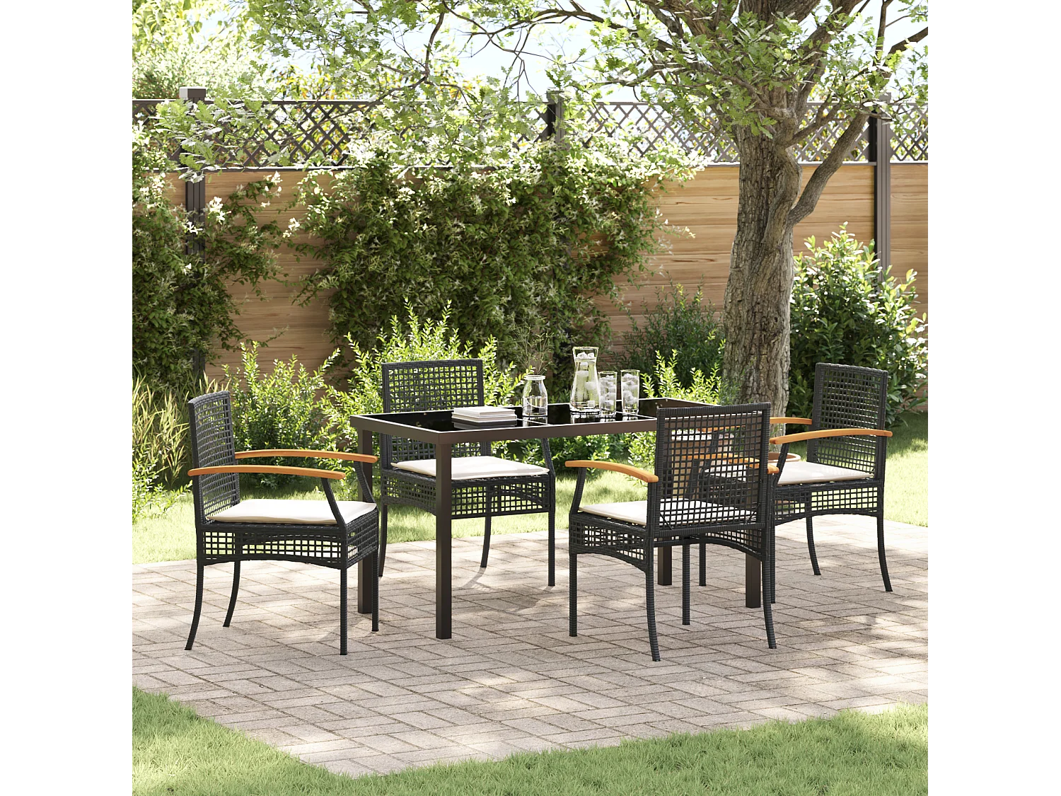 Ensemble de Dîner de Jardin 5 Pièces avec Coussins Rattan Noir