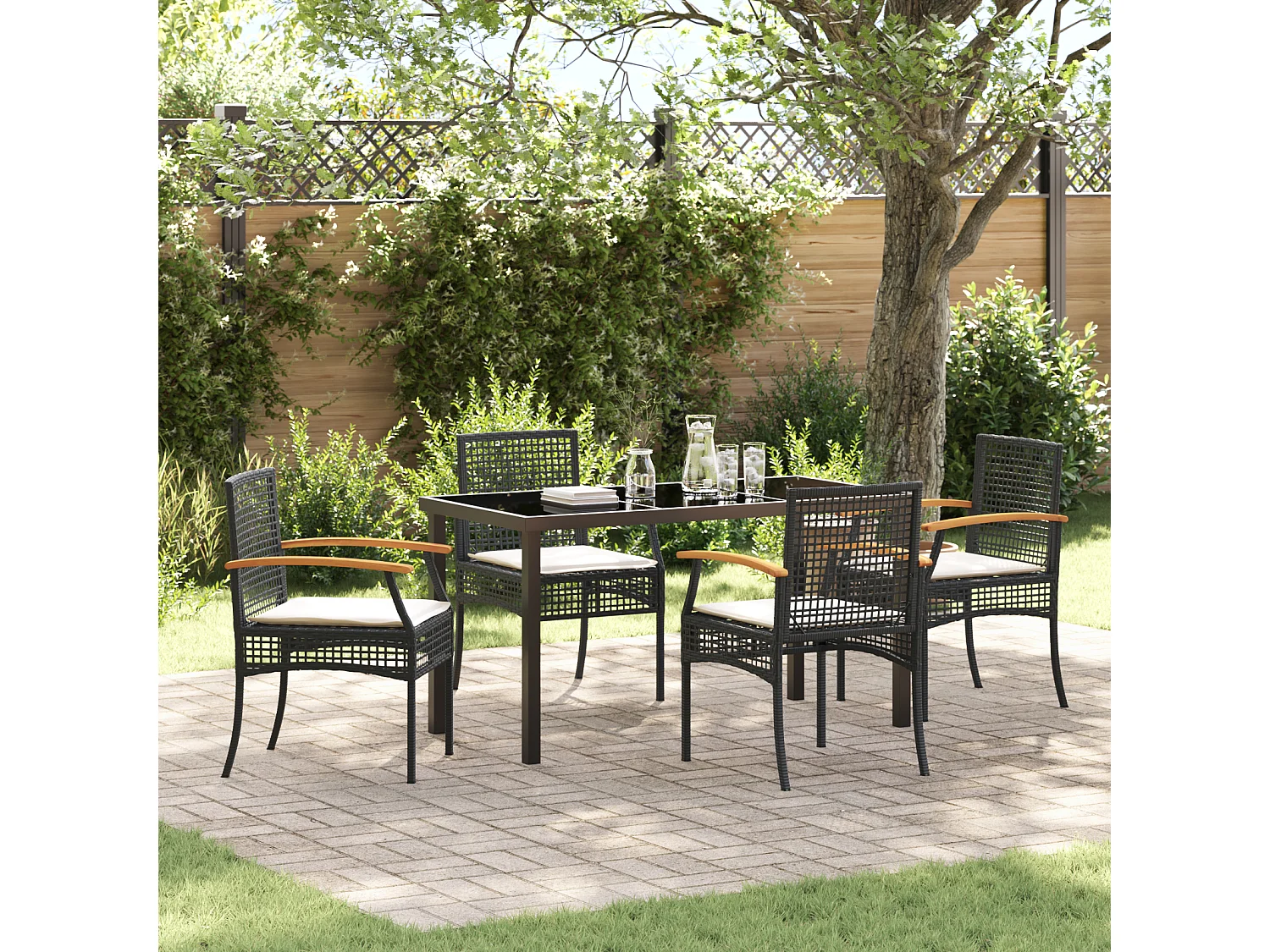 Juego de comedor de jardín de 5 piezas con cojines de ratán negro