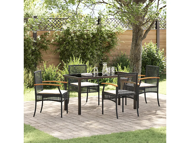 Set da pranzo da giardino 5 pezzi con cuscini in rattan nero