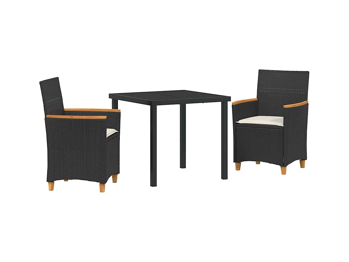 Set da pranzo da giardino 3 pezzi con cuscini in polyrattan nero