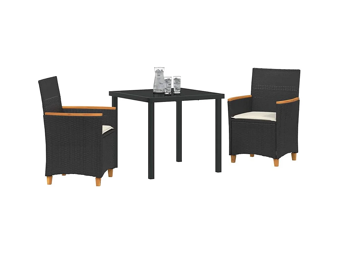 Set da pranzo da giardino 3 pezzi con cuscini in polyrattan nero