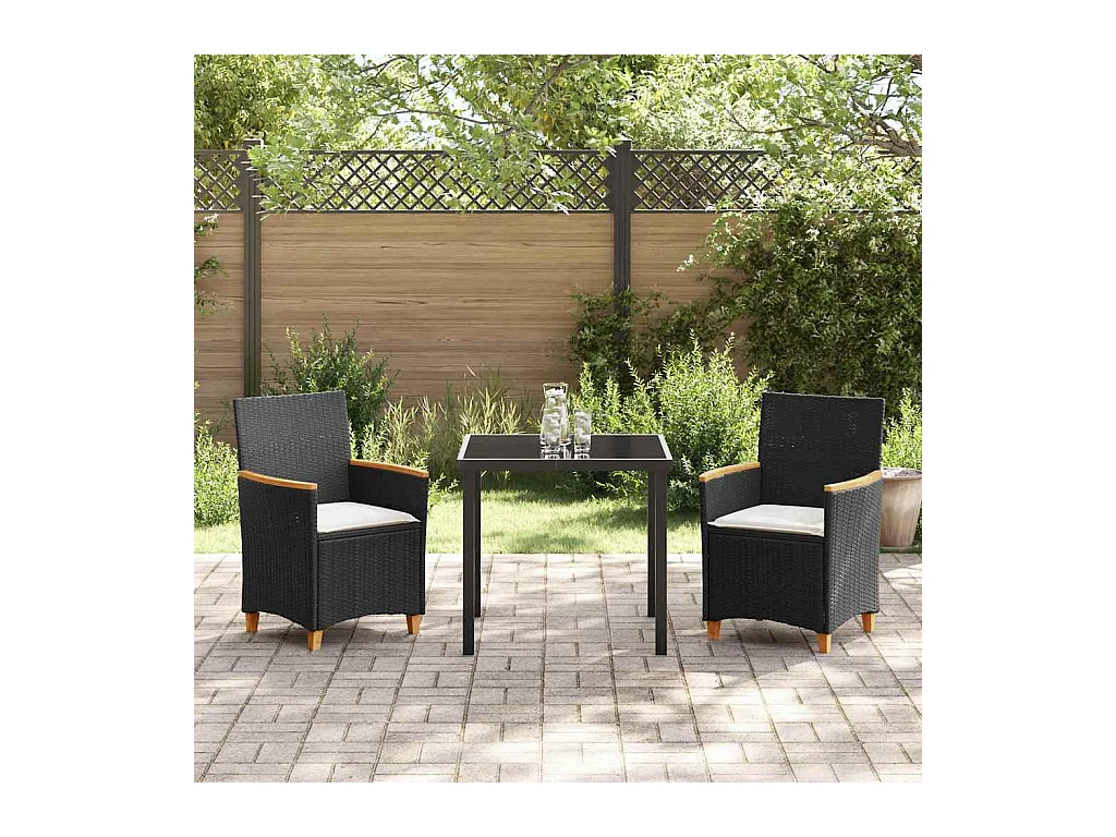 Set da pranzo da giardino 3 pezzi con cuscini in polyrattan nero