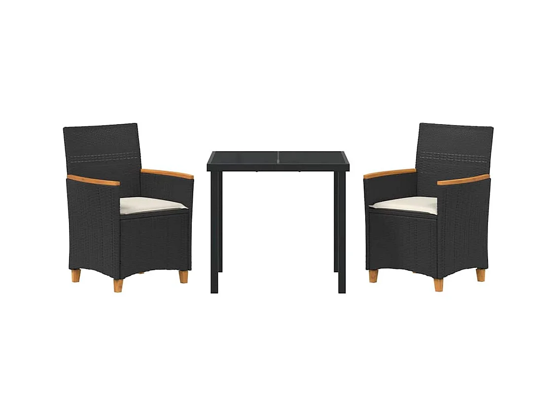 Set da pranzo da giardino 3 pezzi con cuscini in polyrattan nero