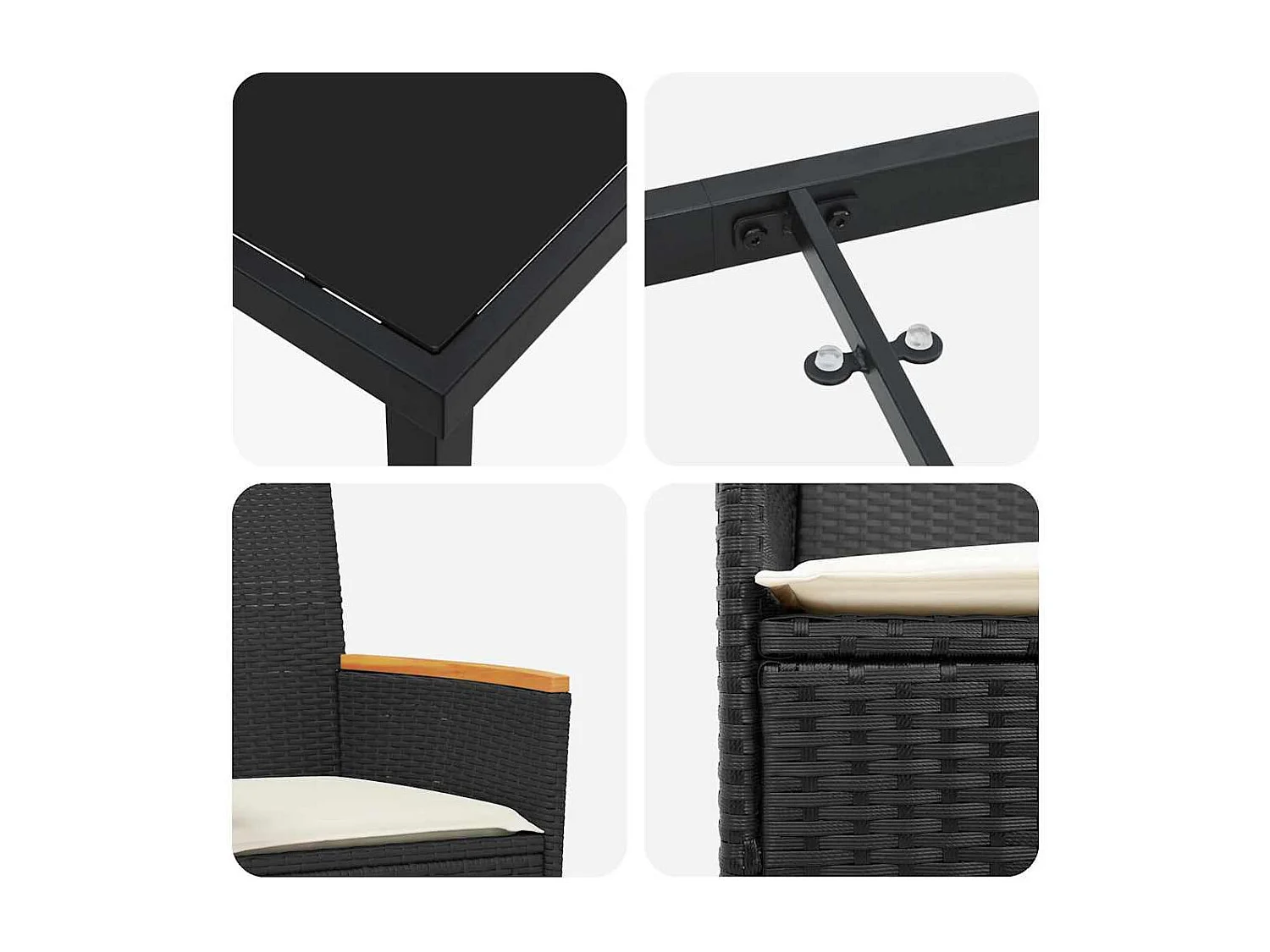 Set da pranzo da giardino 3 pezzi con cuscini in polyrattan nero