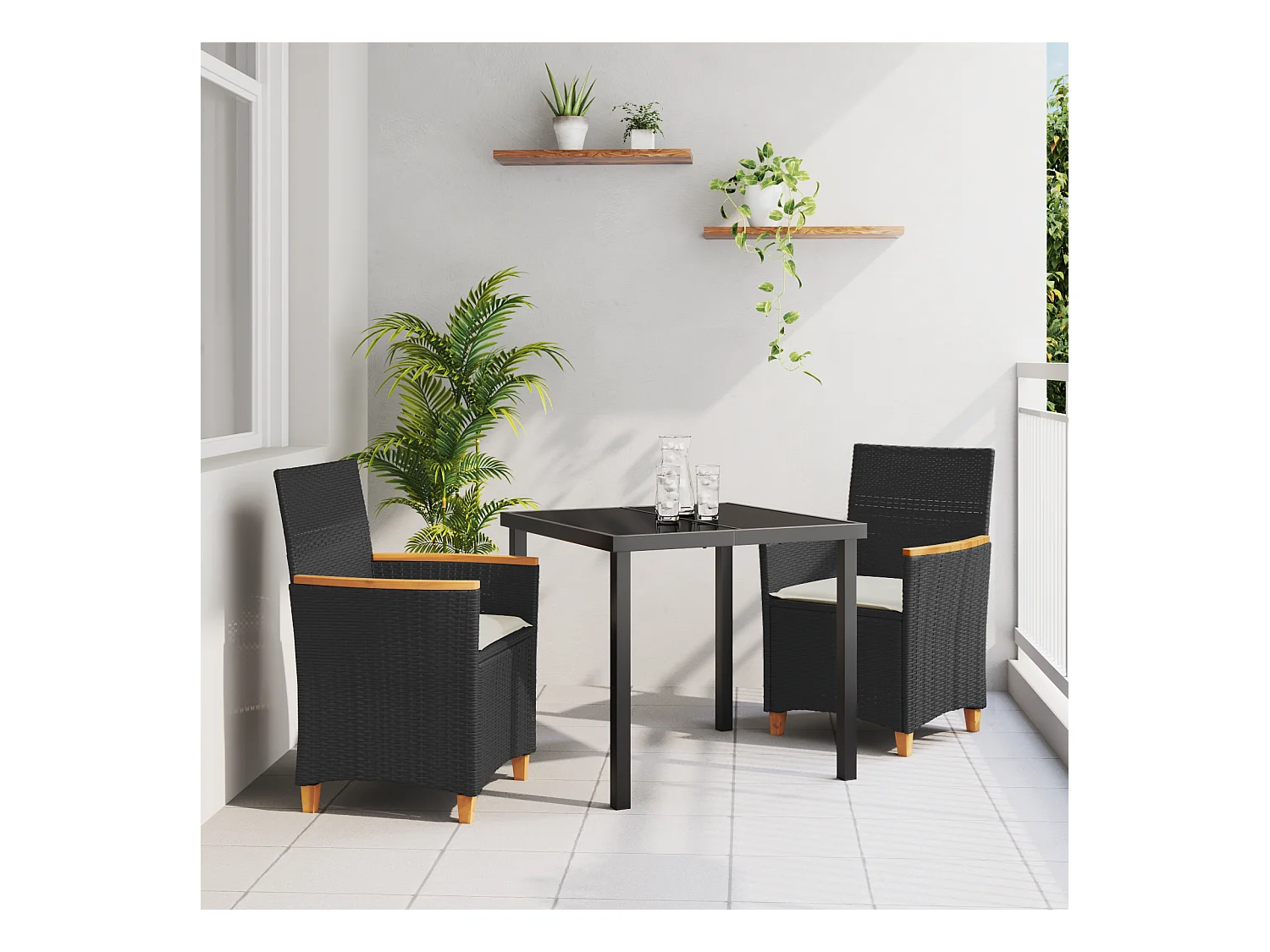 Set de dining de jardin 3 pièces avec coussins Noir Poly Rattan