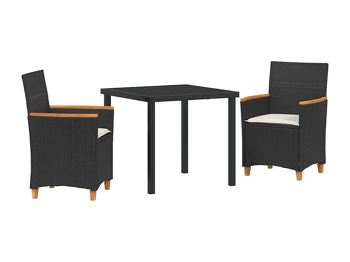 Juego de comedor de jardín de 3 piezas con cojines de ratán sintético negro