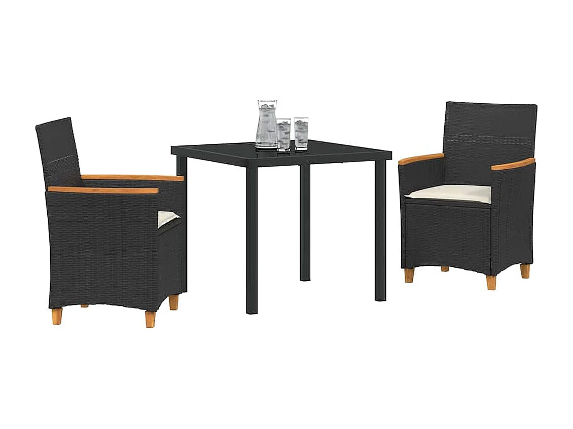 Juego de comedor de jardín de 3 piezas con cojines de ratán sintético negro
