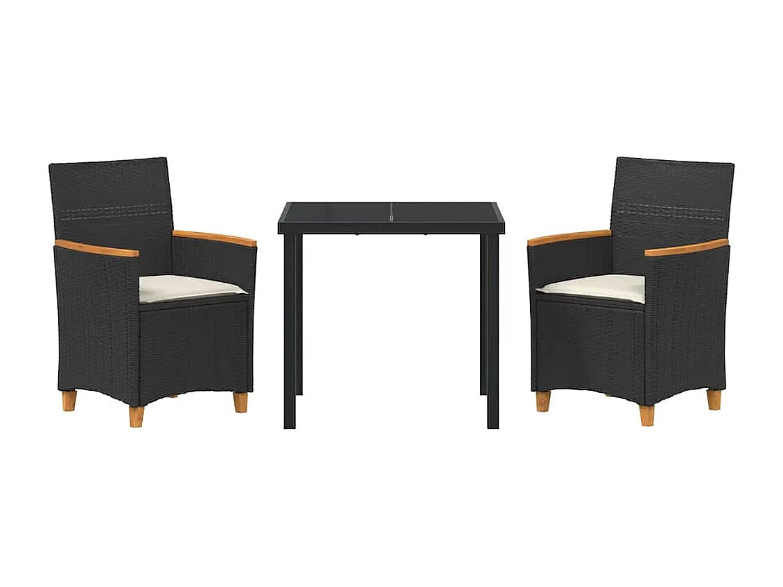 Juego de comedor de jardín de 3 piezas con cojines de ratán sintético negro