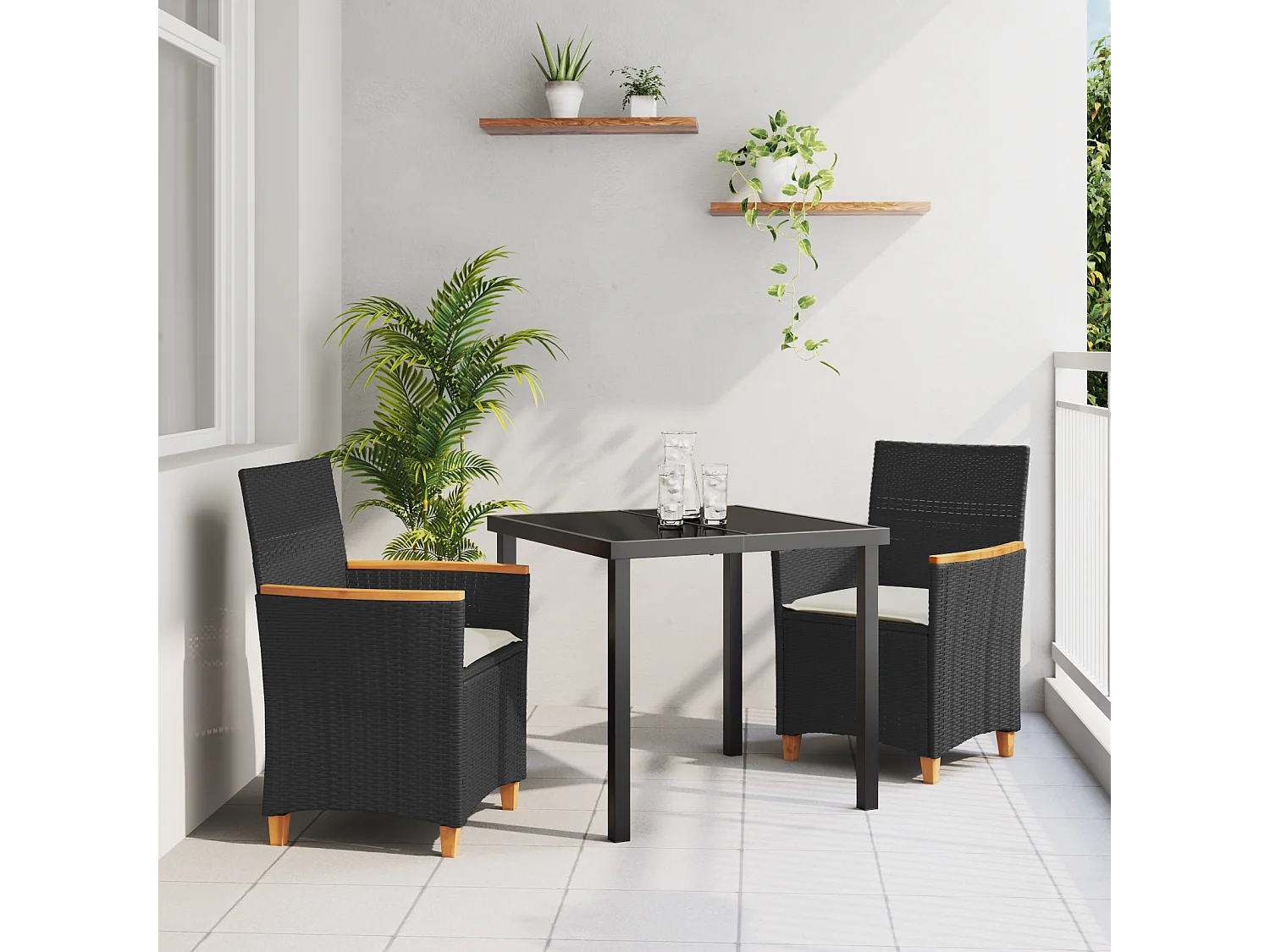 Set de dining de jardin 3 pièces avec coussins Noir Poly Rattan