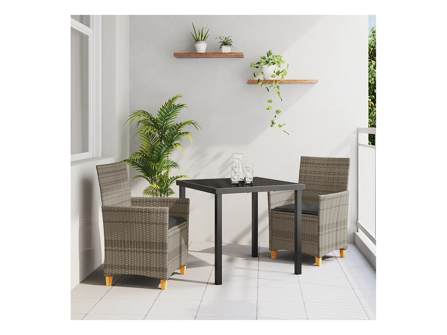 Ensemble de Salle à Manger de Jardin de 3 Pièces avec Coussins Gris en Rattan Poly