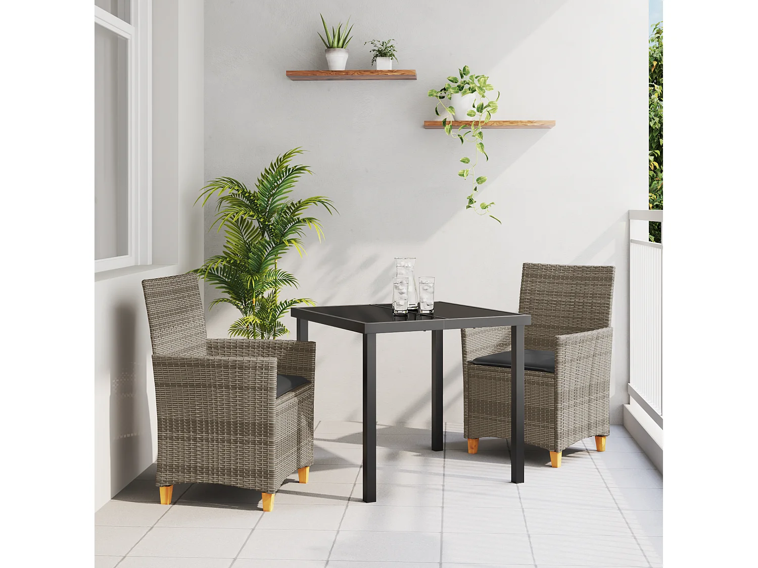 Ensemble de Salle à Manger de Jardin de 3 Pièces avec Coussins Gris en Rattan Poly