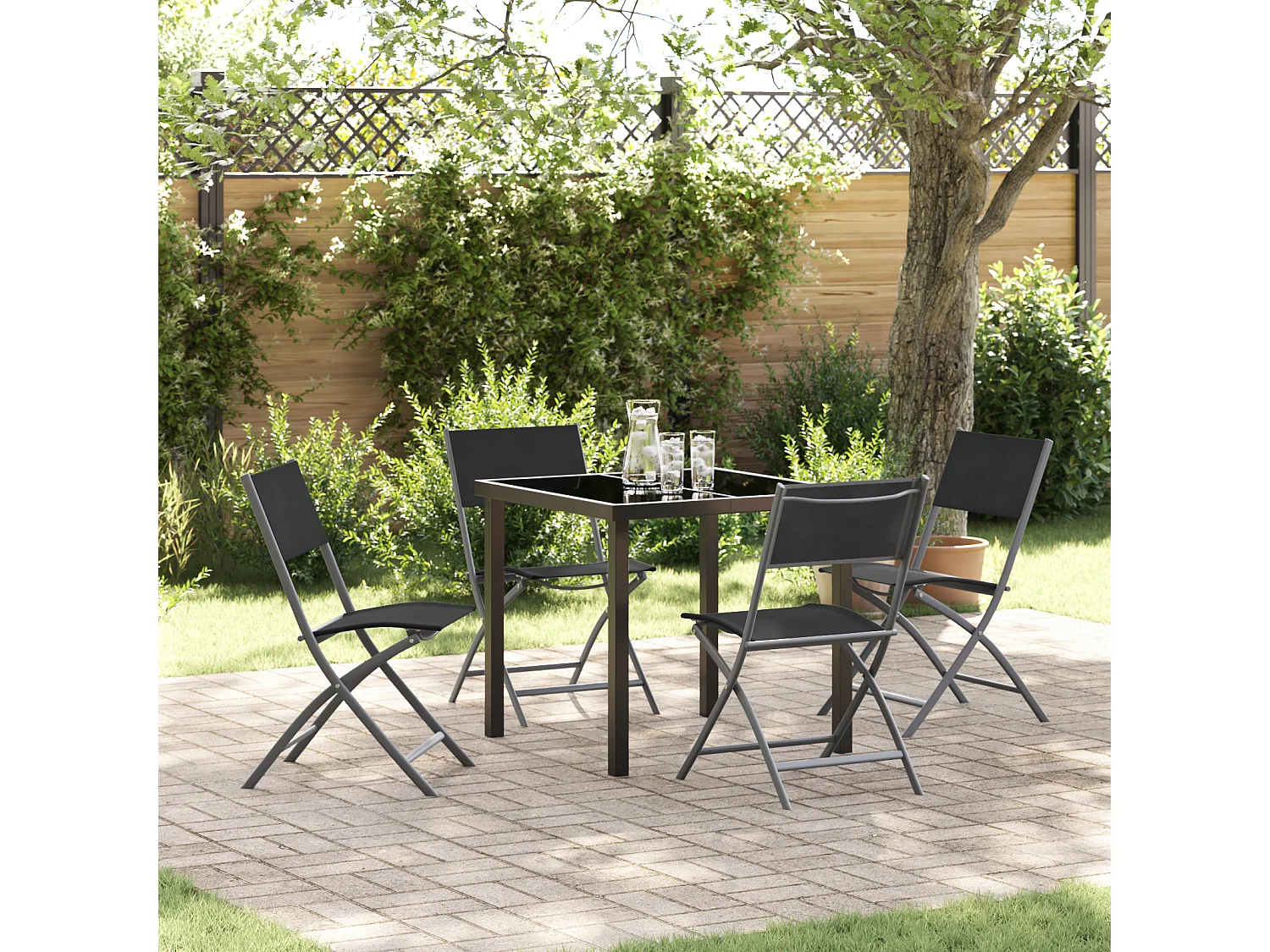 5-teiliges Garten-Essset – Schwarzes Textilene und Stahl