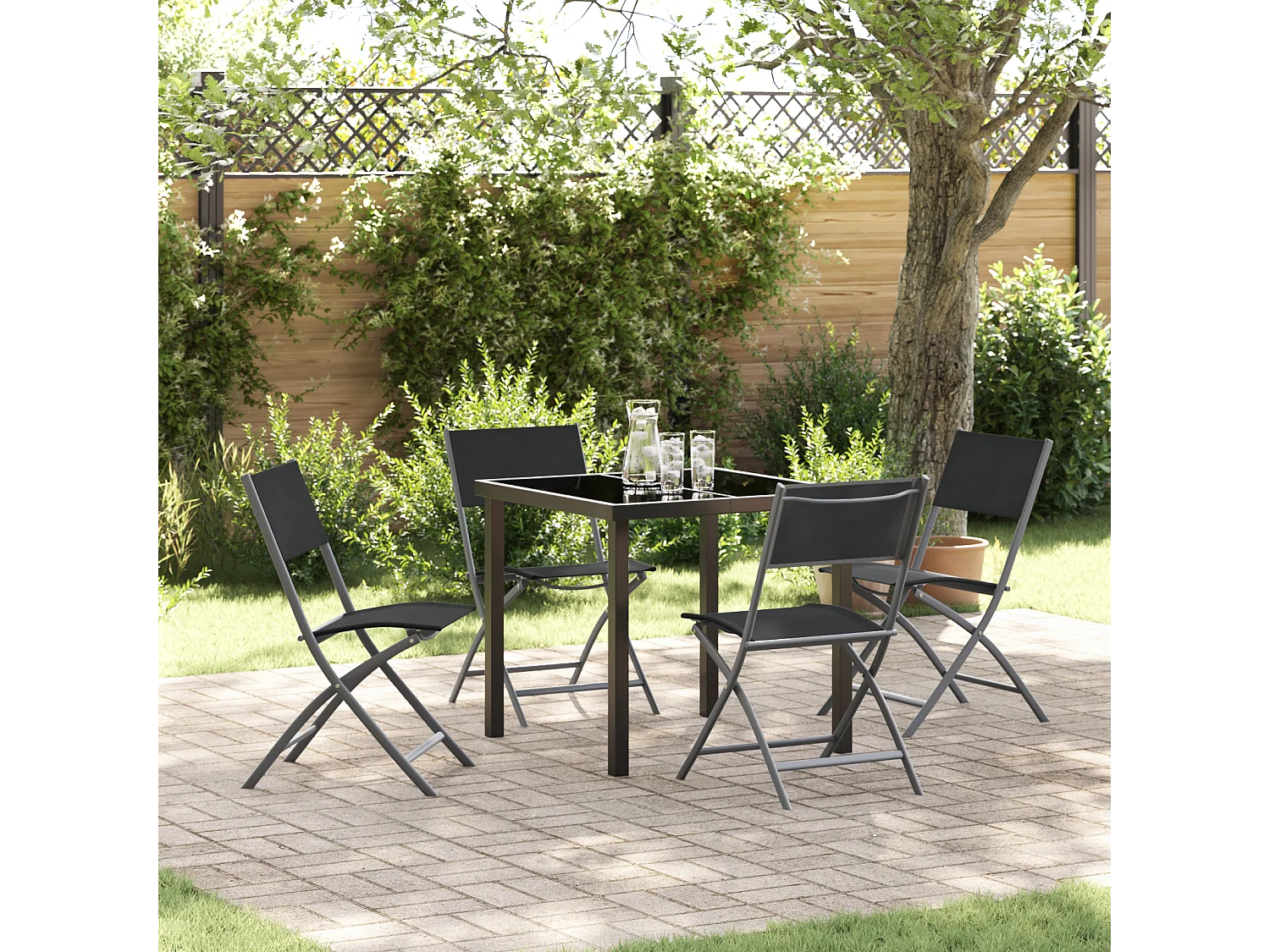 5-teiliges Garten-Essset – Schwarzes Textilene und Stahl