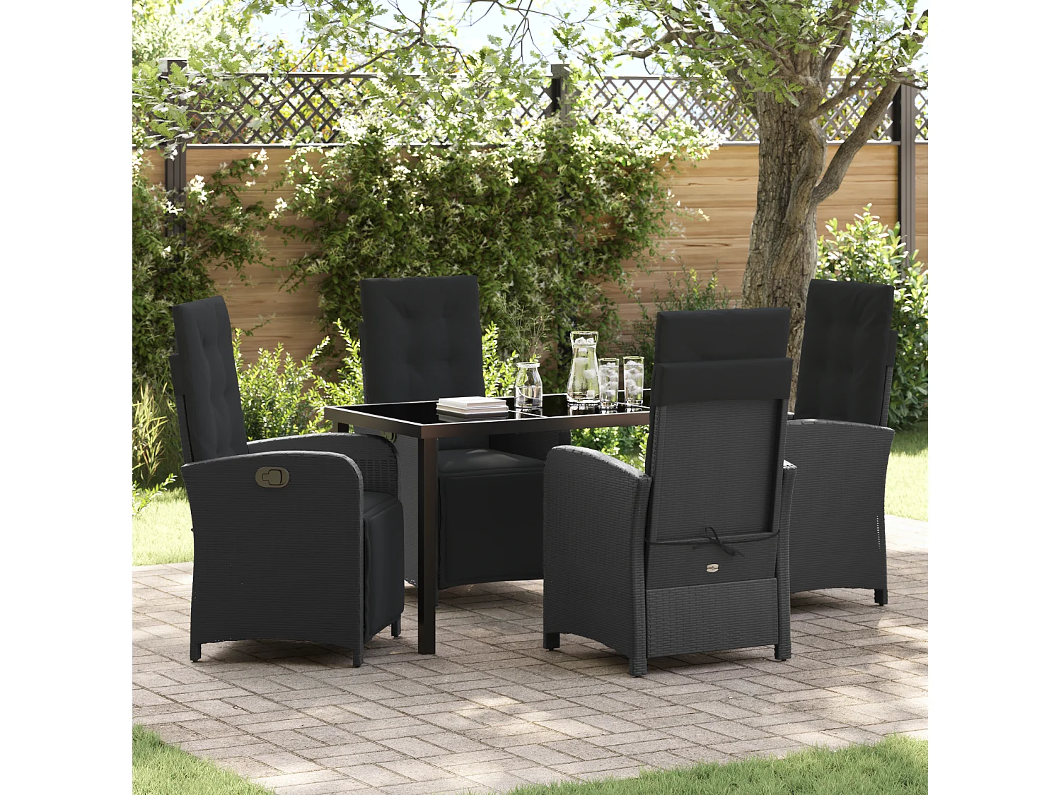 Set da pranzo da giardino 5 pezzi con cuscini in polyrattan nero