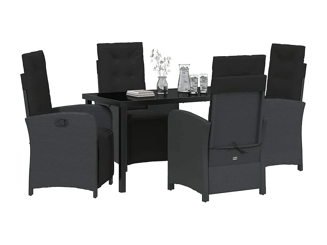 Set da pranzo da giardino 5 pezzi con cuscini in polyrattan nero