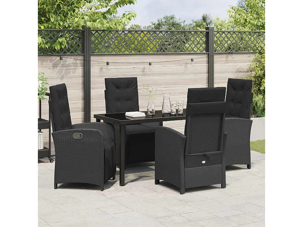 Set da pranzo da giardino 5 pezzi con cuscini in polyrattan nero