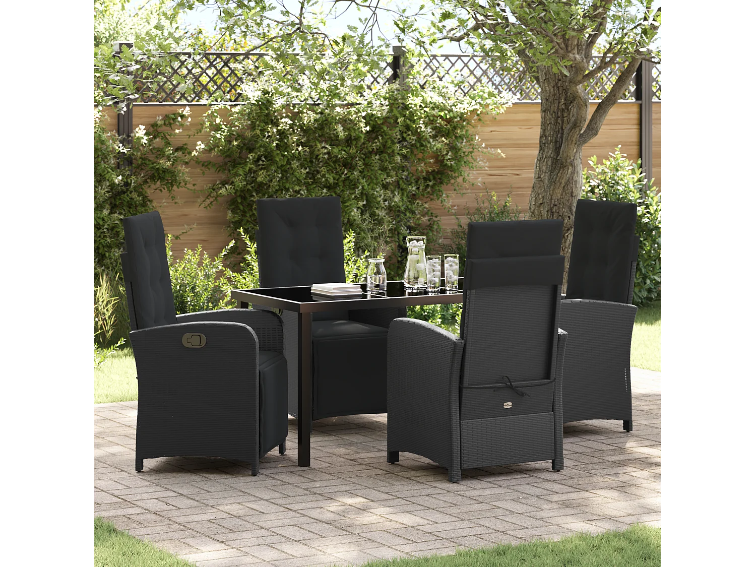 Ensemble de salle à manger de jardin de 5 pièces avec coussins en poly rotin noir