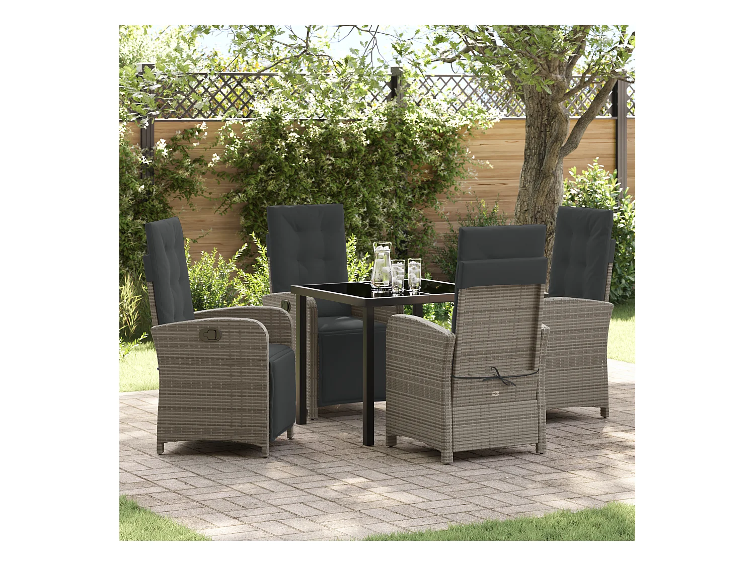 Set da pranzo da giardino da 5 pezzi con cuscini in rattan sintetico grigio