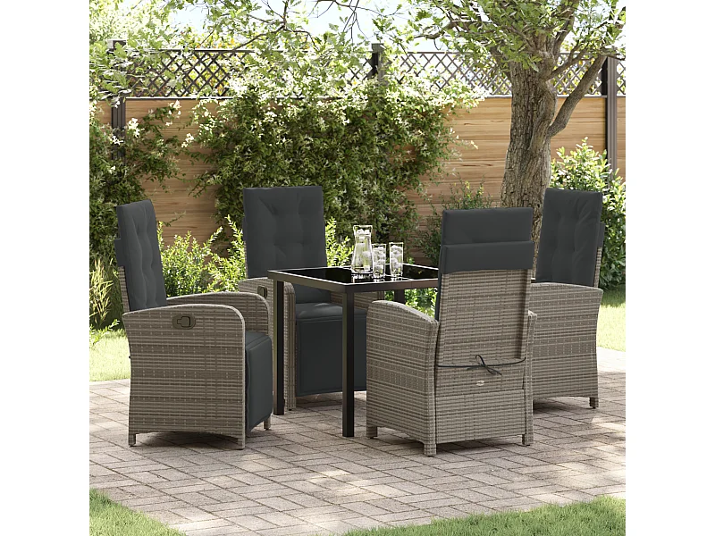 Set da pranzo da giardino da 5 pezzi con cuscini in rattan sintetico grigio