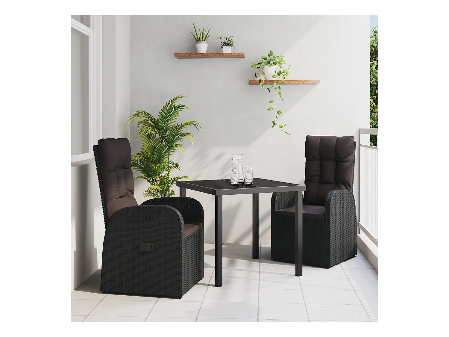 Set de jardin de 3 pièces avec coussins en poly rattan noire