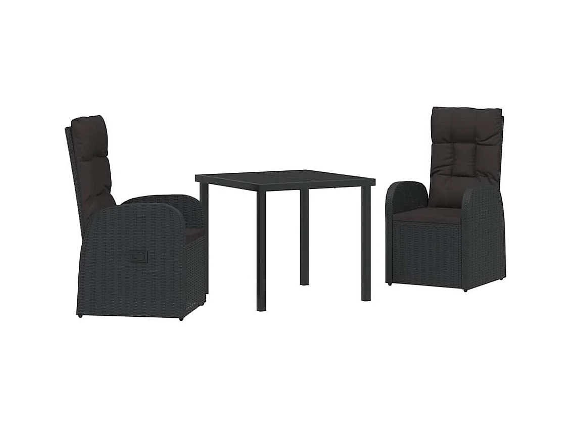 Set de jardin de 3 pièces avec coussins en poly rattan noire